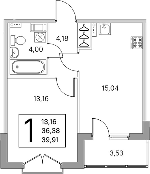 1-комнатная квартира 38.15 м², 4/4 эт., ЖК «Любоград в Стрельне»